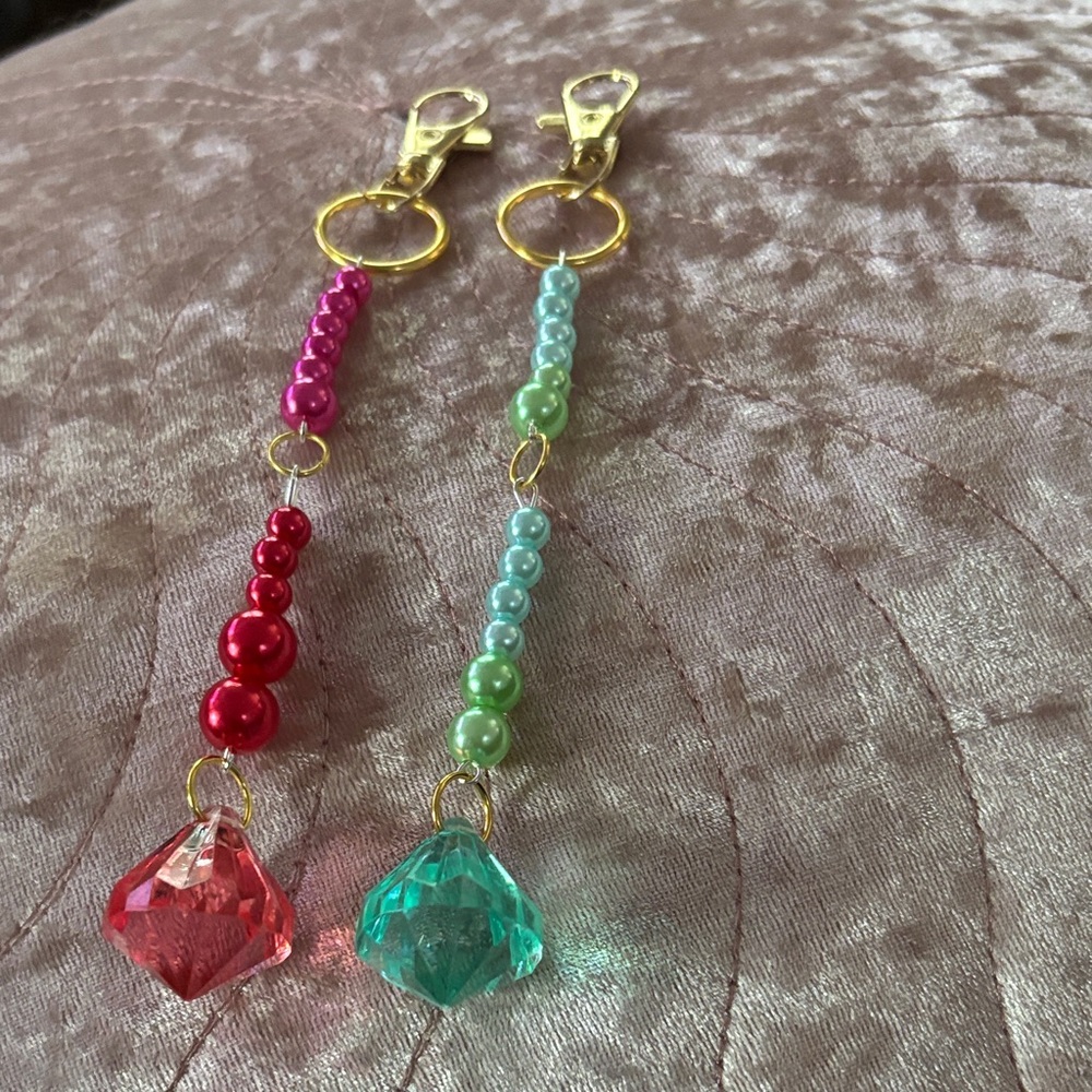 Beaded Crystal Keychain Pair - Pink/Red and Blue/Green (handmade)